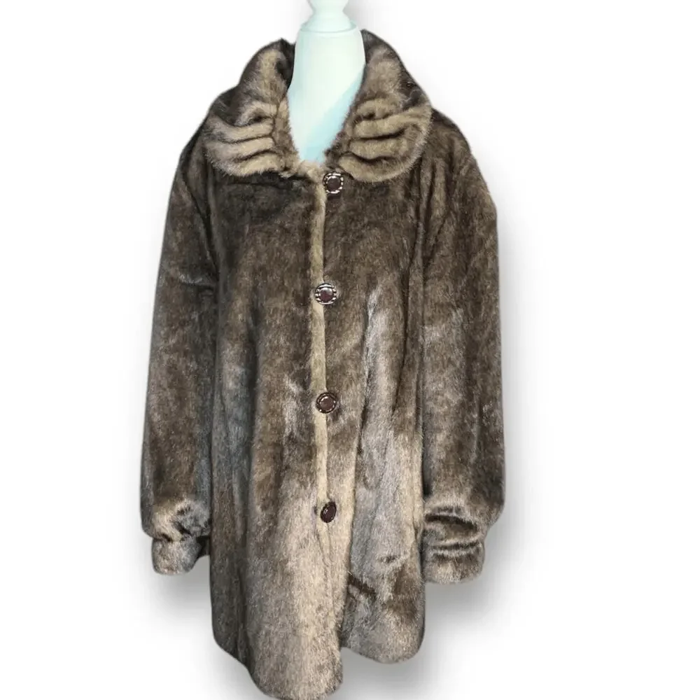 Vintage Reversible Brown Faux Fur Coat Satin Lining‎ Button Front Large Winter
